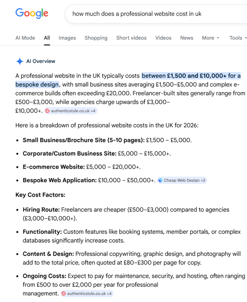 Have Sites is using a screenshot from the latest internet search results to answer the question, how much do websites cost in the uk